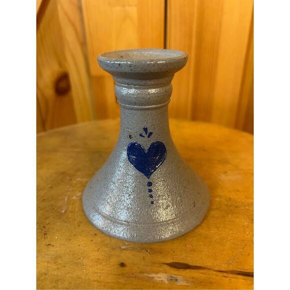 Vintage Salt Glaze Pottery Candlestick w/Heart Design - 4” high (8577) - Picture 1 of 6